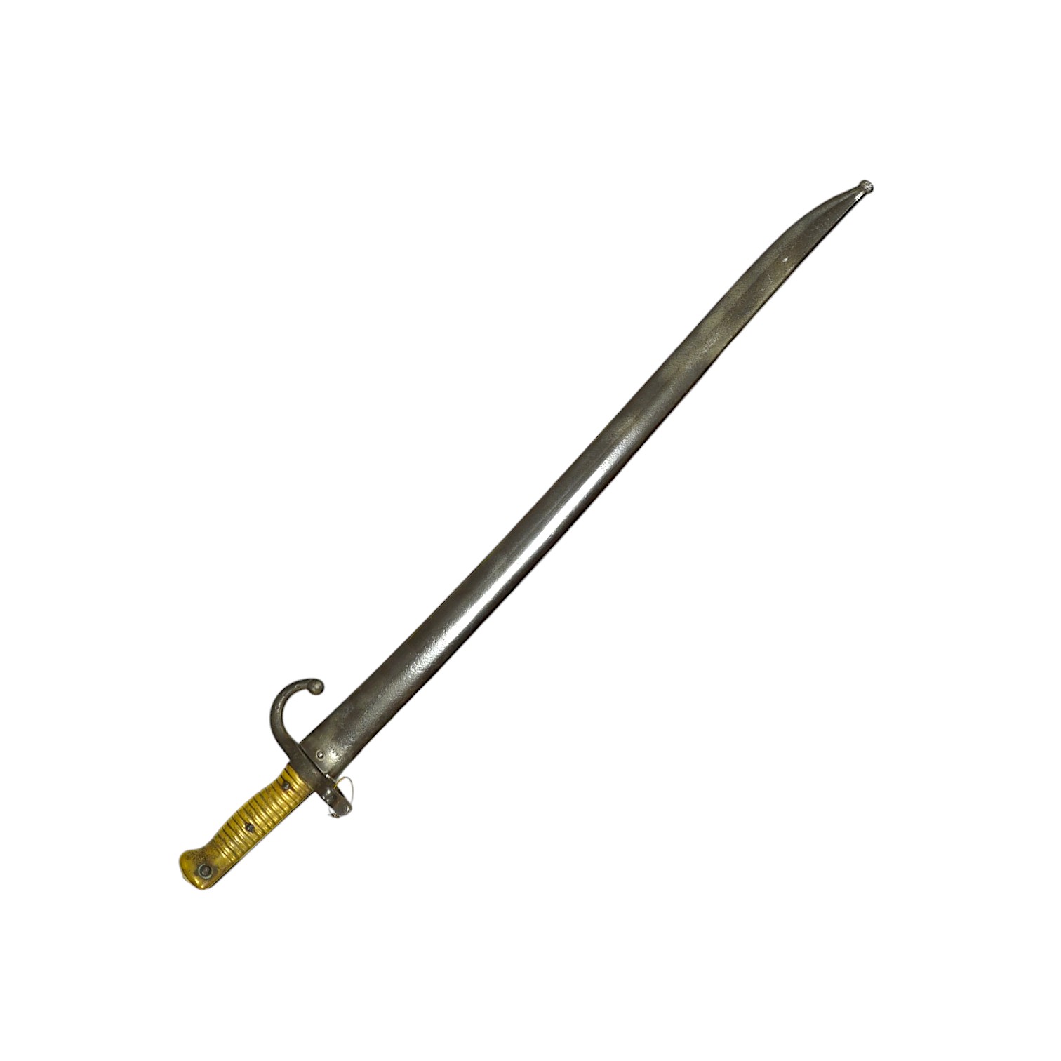 A French bayonet for a chassepot rifle, regulation blade dated 1871 and regulation hilt, in its iron scabbard. Condition - fair